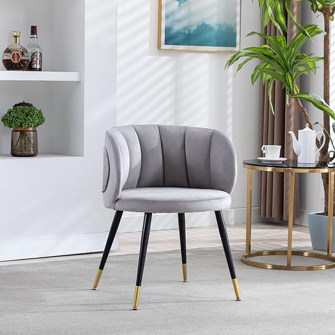 Grey Velvet Lounge Chair Black Metal feet Unique Back Design Suitable for Office Living Room Bedroom