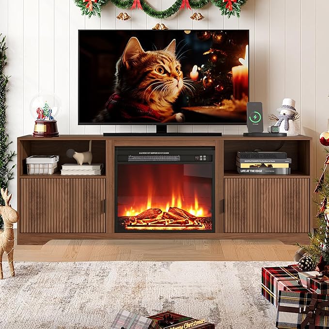 Fireplace TV Stand for Television up to 80 InchEntertainment Center with Adjustable ShelfMid-Century Modern Fluted TV Stand with 23 Electric FireplaceMedia Console for Living RoomBedroom