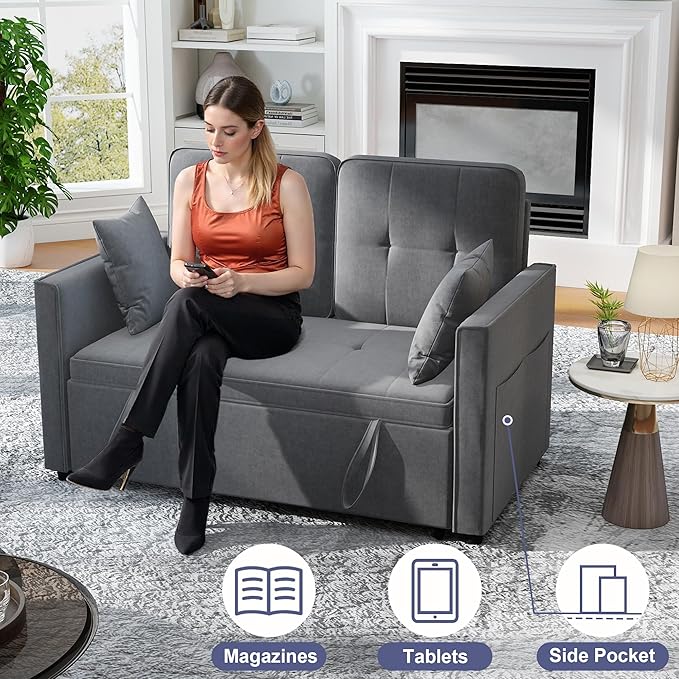 Loveseat Sleeper Sofa Bed Couch: Queen Sleeper Chair Pull Out Bed for Living Room Grey Velvet Couch Beds for Small Spaces 3 in 1 Convertible Sofa with Armrests