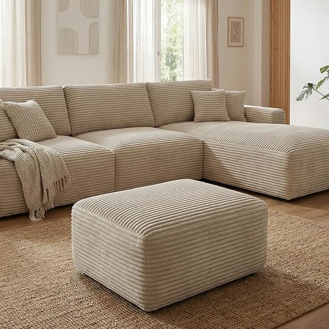 Large Ottoman Foot Rest 37 Beige Sofa Couch Ottomon with Soft Long-Pile Fabric High Resilience Foam &amp Spring Support Ottoman for Living Room Extra Seating