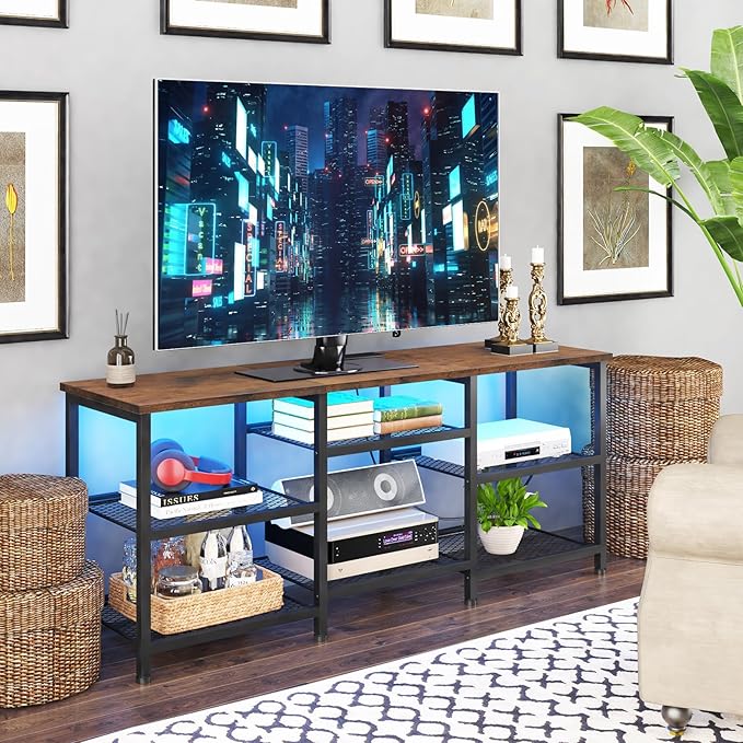YGEOMER TV Stand for TVs Up to 55 Inches Entertainment Center with Power Outlet and LED Lights Open Storage Shelves TV Media Console Table for Living Room and Bedroom Rustic Brown