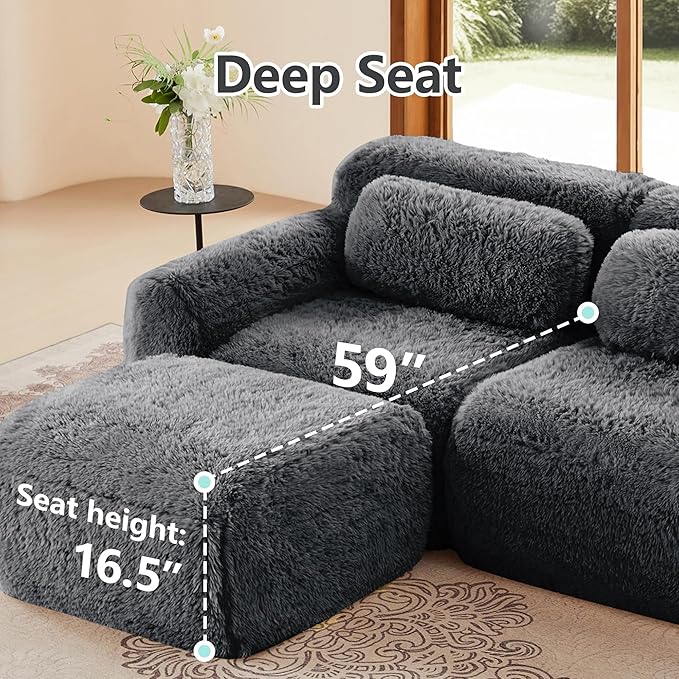 80.4-Inch Boneless Love Seat Couches in a Box Modern 2 Seat Floor Modular Foam Cloud Sofa Faux Fur Loveseat Couch W/Angle Armrests for Home Apartments Bedroom