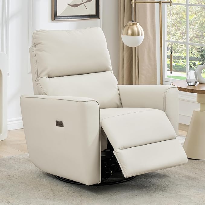 GarveeHome Power Swivel Glider Recliner Chair PU Leather Nursery Electric Rocker Recliner Chair with Lumbar Support &amp USB Port for Living Room Bedroom and Nursery (White)