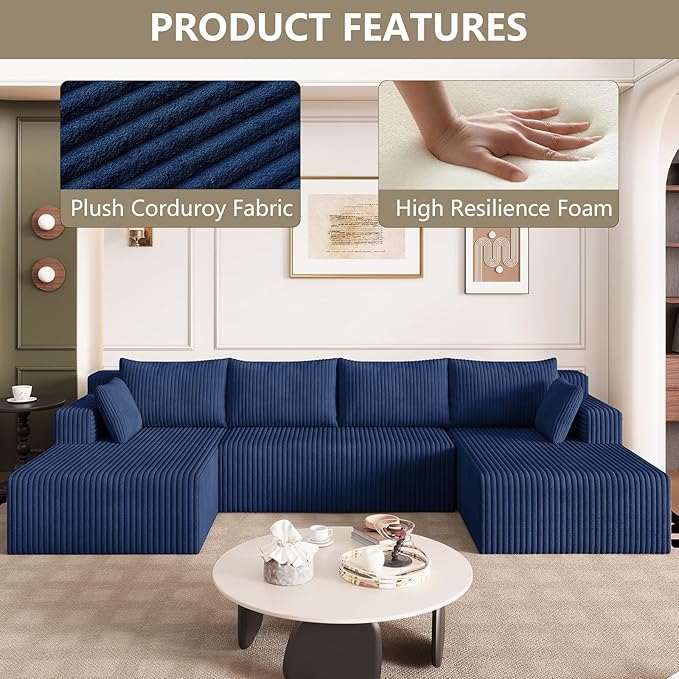 124 U Shaped Cloud Couch Sectional Corduroy Upholstered 4-Seater Cloud Couches for Living Room Deep Seat Modular Boneless Sofa with Lounge Chaise No Assembly Required Blue