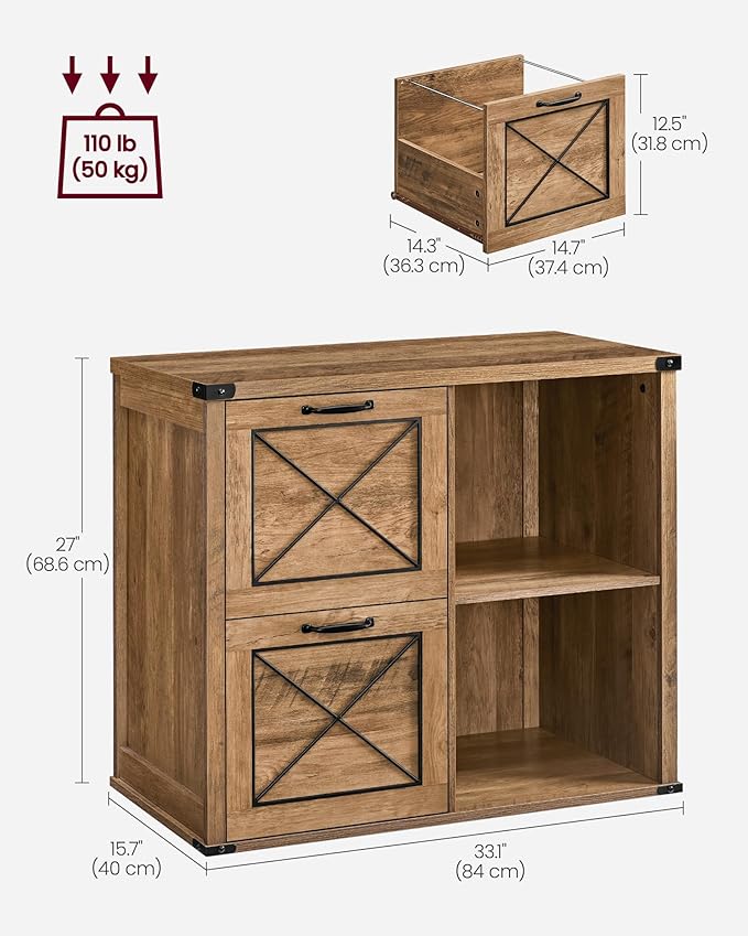 VASAGLE Lateral File Cabinet Filing Cabinet with 2 Drawers Printer Stand 2 Open Compartments Fit A4 Letter Size Hanging File Folders for Home Office Farmhouse Style Honey Brown UOFC049T41