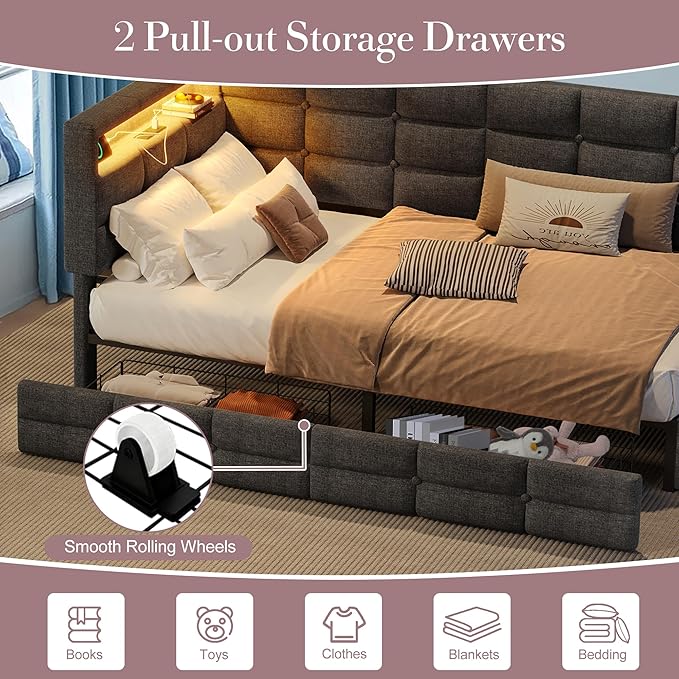Twin Corner Bed Frame with Storage and Led Lights Upholstered Daybed Twin Size with Storage Drawers and Charging Station for Living RoomBedroom (Gray)