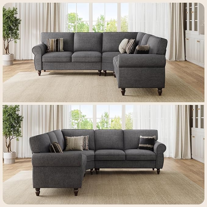 ONBRILL 101 L Shaped Couch Sectional Corner Sofa with Rolled Arms 5 Seater Chenille Fabric Couch w/Springs Seat Cushion Wooden Legs Comfy Oversized Sofa for Living Room Apartment Grey