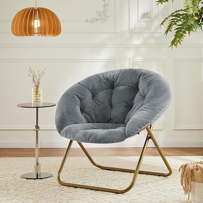Simple Deluxe Cozy Chair Faux Fur Saucer Chair for Bedroom Comfy Foldable Moon Chair Round Fluffy Chair for Living Room Fuzzy Saucer Chairs for Adults Room Gray