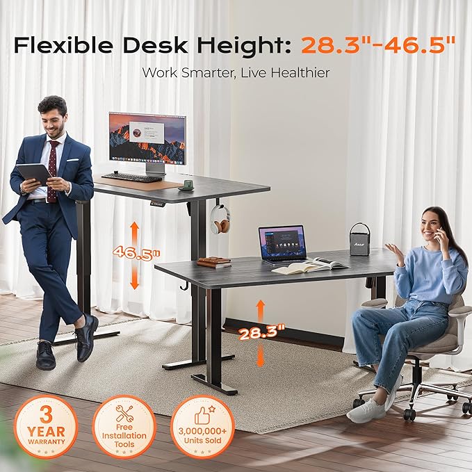 Huuger 63 x 28 Large Electric Standing Desk Height Adjustable Computer Desk 27.6 Deep Desktop Stand up Gaming Office Table with 2 Hooks 3 Preset Heights for Home Office Grey