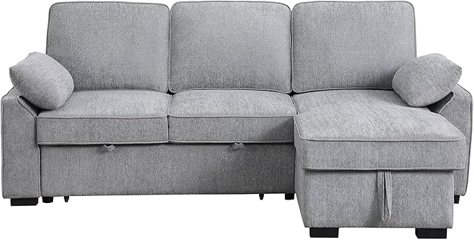 ERYE L-Shaped Pull Out Sleeper Couch Bed Modern Chenille Upholstered Button Tufted Corner Couch Reversible Sectional Sleeper Sofa Bed W/Storage Chaise Cup Holders