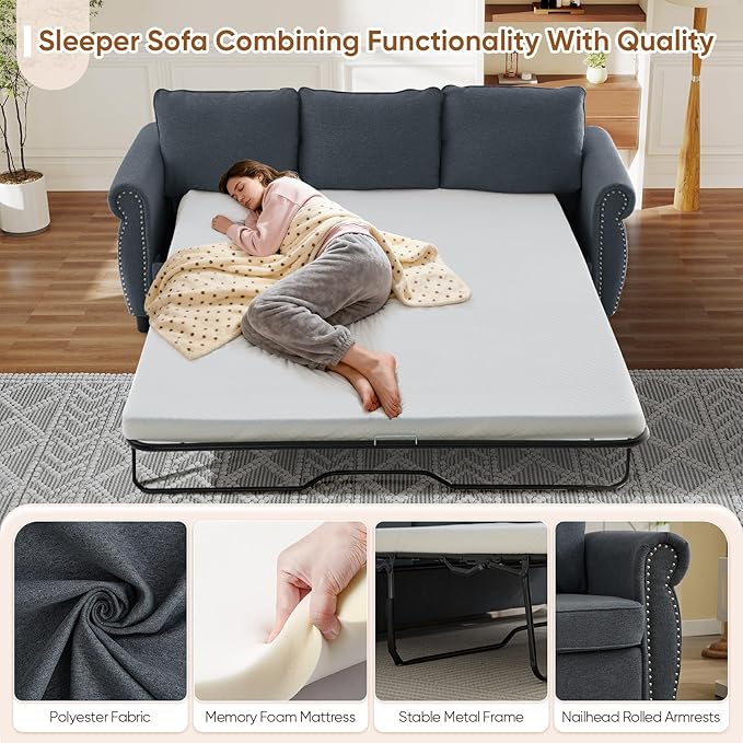 Queen Pull Out Sofa Bed 2-In-1 Pull Out Couch Bed with Memory Foam Mattress &amp Riveted Rolled Armrests 3 Seater Convertible Sleeper Sofa Foldable Couch for Living Room Bedroom Apartment(Dark G