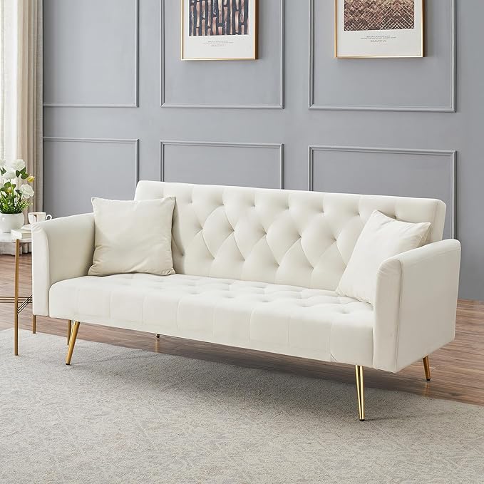71 Modern Velvet Sofa Bed Futon Convertible Sleeper Couch with Adjustable Backrest Tufted Recliner Loveseat with Golden Chrome Legs &amp 2 Pillows for Small Spaces Living Room Apartment (Beige)