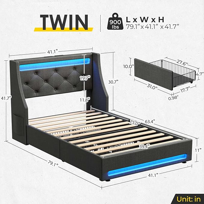 Rolanstar Twin Bed Frame with LED Lights and Charging Station Upholstered Bed with Drawers Wooden Slats Noise Free Easy Assembly Dark Gray