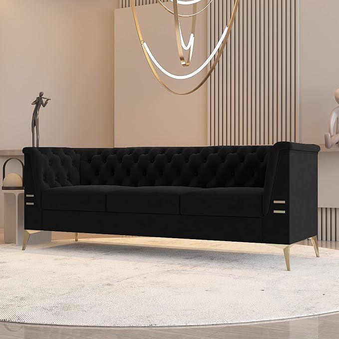 WILLIAMSPACE Chesterfield Black Sofa 3 Seater Velvet Couches Upholstered Tufted Sectional Sofa for Living Room/Office/Apartment