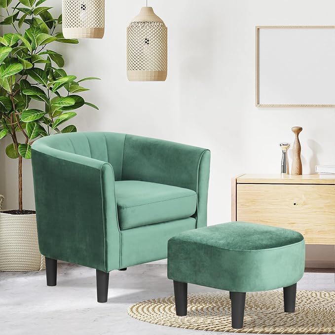Accent Chair with Ottoman Upholstered Velvet Club Barrel Reading Chair with Footrest Modern Comfy Round Barrel Chairs for Bedroom Living Room Small Reading Spaces (1 Green)