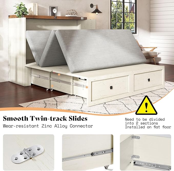 AMERLIFE Queen Murphy Bed with Storage &amp Charging Station Farmhouse Murphy Cabinet with Foldable Panel Noisy Free for Guest Bedroom Living Room Office Distressed White