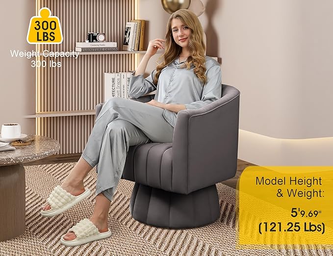 Accent Chair Mid Century 360 Degree Swivel ChairModern Lounge Sofa Round Barrel Chair with Wide UpholsteredFluffy Velvet Fabric Chairs for Home Sofa Living Room/Bedroom/Waiting Room (Grey)