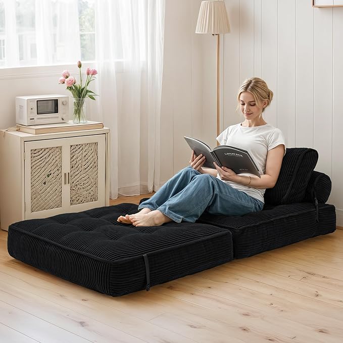 Folding Sofa Bed Convertible Sleeper Sofa Bed with Pillow Foldable Mattress with Back Support Comfy Chair Lounge for Living Room Bedroom Portable Fold Out Single Black