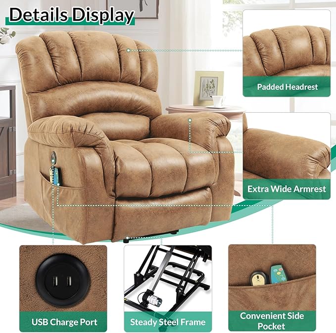 VIVIJASON Tall Man Large Power Lift Recliner Chair with Extended Footrest for Elderly Overstuffed Wide Electric Lift Chair with Heat &amp Massage 2 Remote Controls Side Pockets &amp USB Ports Sa