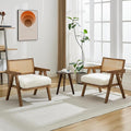 GarveeHome Mid-Century Farmhouse Accent Chair - Wood Armchair with Rattan Backrest &amp Linen Cushion for Living Room Bedroom - White Easy Assembly(2 Pcs)