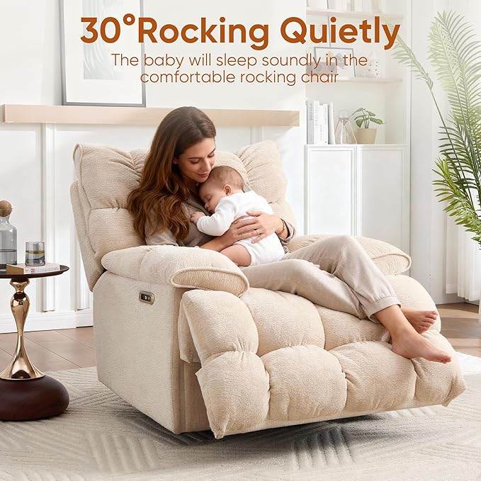 Oversized Swivel Power Rocker ReclinerElectric Recliner Chairs for AdultsExtra Wide Seat ReclinersUpholstered Nursery Reclining Glider ChairSwivel Chairs for Living RoomBeige