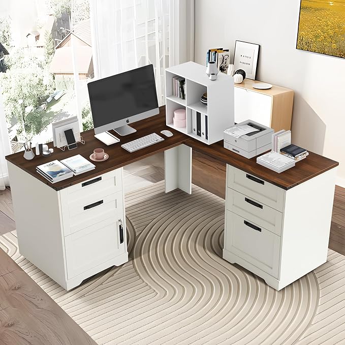 MAGIC UNION L Shaped Executive Desk with Drawers Home Office Desks with Charging Station File Drawer Lockable Adjustable Storage Cabinet Large Corner Computer Table for Work and Study (Brown)