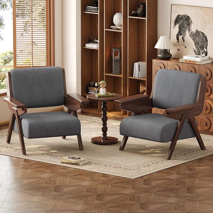 Mid Century Modern Accent Chair Fabric Upholstered Lounge Arm Chair with Solid Wood Frame for Living Room Bedroom Office Reading Corner (Gray Single Chair)