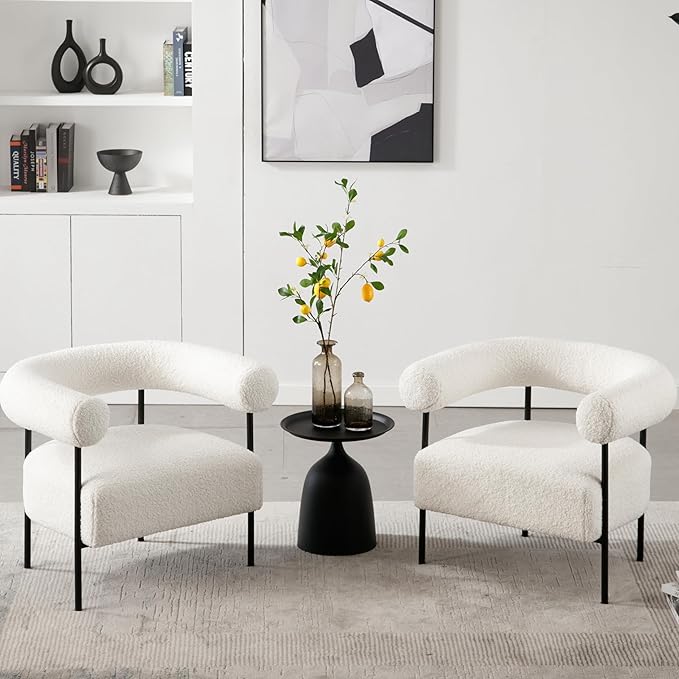 Modern Accent Chairs Set of 2 White Boucle Side Chairs with Curved Back Sherpa Barrel Vanity ChairsArmchairs with Black Metal Legs &amp Upholstered for Living Room Makeup Room