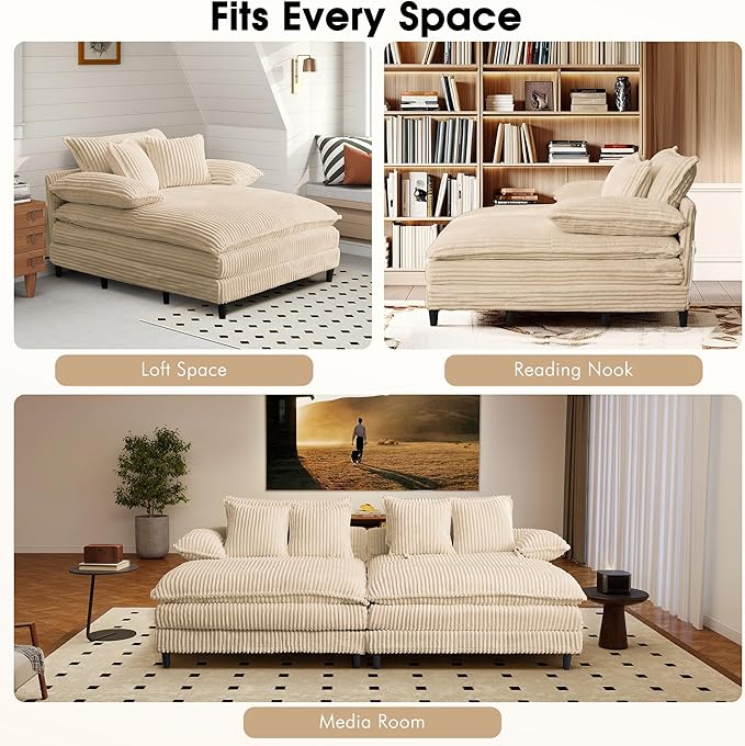 110 W Oversized Double Chaise Lounge Sofa Couch Corduroy Sleeper Sofa Bed with Adjustable Backrest Modern Upholstered Cloud Couch with Deep Seat &amp Pillows for Living Room Khaki