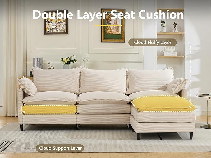 DRMBOOK 110.6'' L Shaped Modular Sectional Cloud Couch Comfy Upholstered 3 Seater Sofa Modern Deep Seat Modular Sofa Couches with Ottoman for Living Room (Corduroy Cream Beige 3 Seat+1 Ottoman)