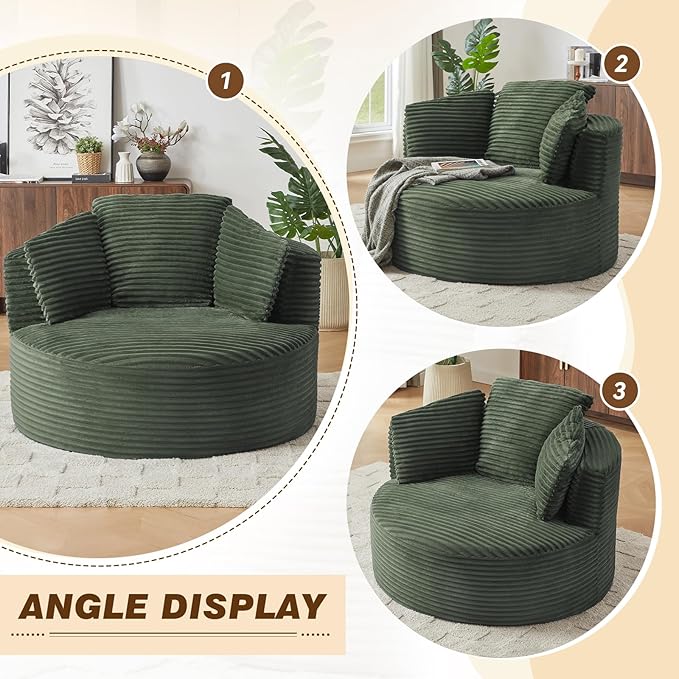 48W Oversized Round Chaise Longue Chair IndoorCorduroy Fluffy Comfy Cloud ChairCircle Bean Bag Sofa with Foam Filling &amp PillowsBoneless Reading Cozy Sofa Chairs for Living RoomBedroomGreen
