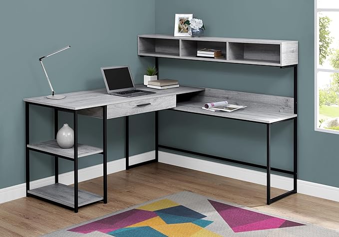 L-Shaped Corner Computer Desk with Storage Drawers Grey Laminate &amp Black Metal Modern Home Office Desk