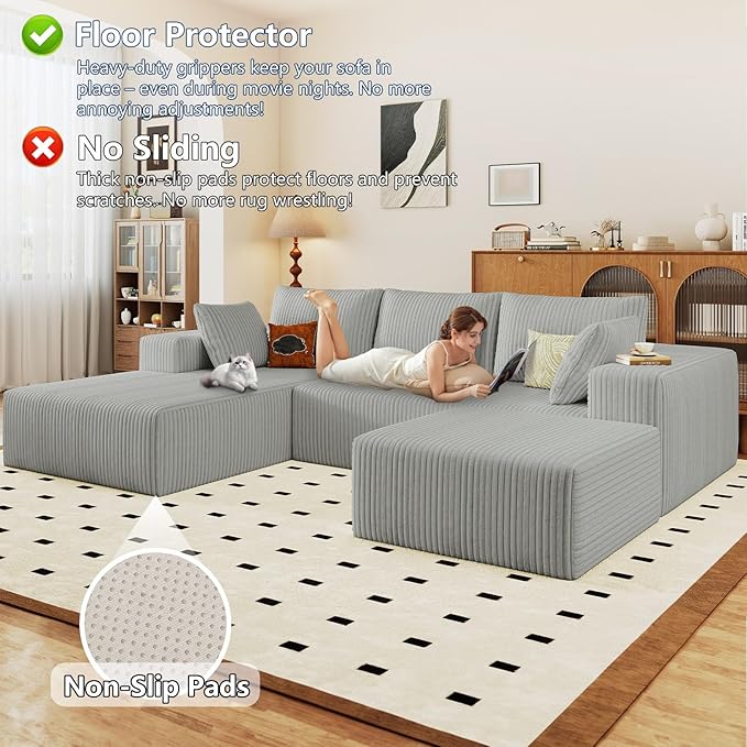 96 Modular Sectional Sofa with Ottoman Modern Corduroy Cloud Couch with Deep Seat Boneless Couch Upholstered 3-Seater U-Shaped Sofa for Living Room No Assembly (Light Grey Left-Facing Chaise)