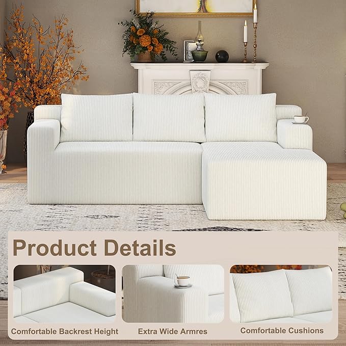 Boneless Couch with L Shaped Chaise Sectional Cloud Sofa with High Backrest Corduroy Memory Foam Couch No Assembly Cloud Couches for Living Room Apartment（White Right Facing Chaise）