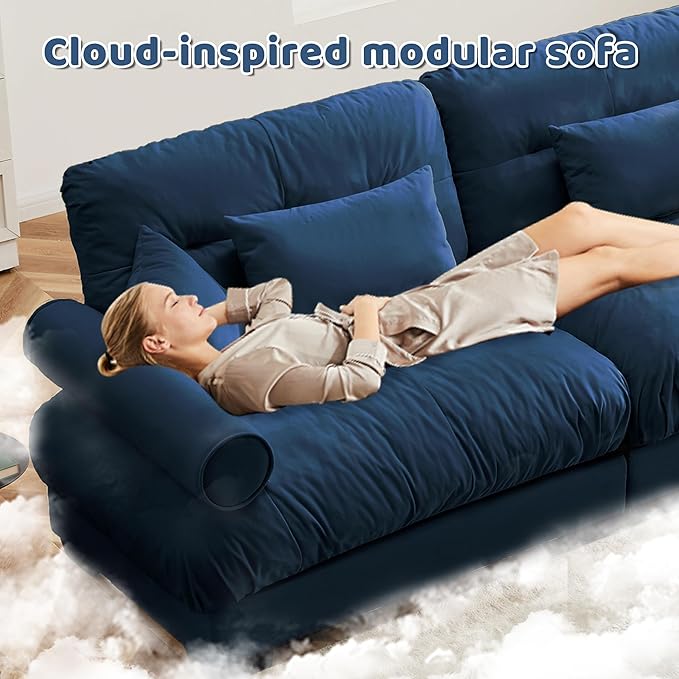 Oversized 3 Seater Modular Sectional Sofa Large Sectional Couch for Living Room Velvet Cloud Couch with 5 Pillows Deep Seat Sofa Blue