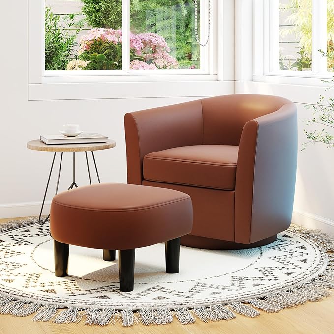 Swivel Chair with Ottoman Modern Barrel Accent Chairs with Removable Seat Cushion Comfy Single Sofa Lounge Armchair Upholstered Round Club Reading Chair for Living Room Bedroom Office