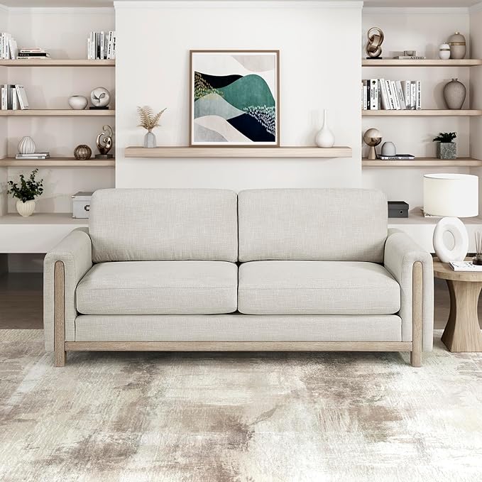 Lexicon Modern Upholstered Living Room Sofa Textured Fabric Sofa Couch Track Arm Wood Frame and Natural Finish Wood Legs Reversible Back Cushion No Assembly Beige