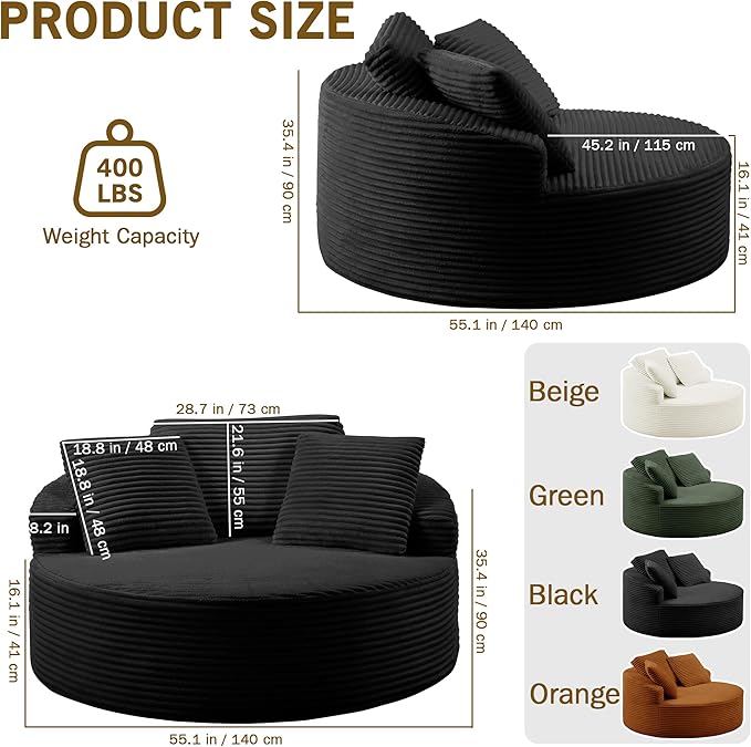 Oversized Round Chaise Lounge ChairCorduroy Cloud Large Circle Sofa Chair No Assembly Required Modern Sleeper Cloud Sofa Couch Bed for Living Room Bedroom Apartment (Black)