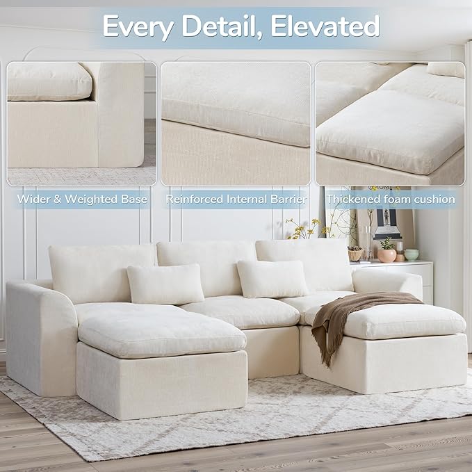 Modern Sectional Cloud Couch - 120'' Soft Modular Sectional Sofa – No Assembly Required - Deep Seat Couches with 2 Movable Ottomans - Oversized Chenille Sofa for Living Room - White