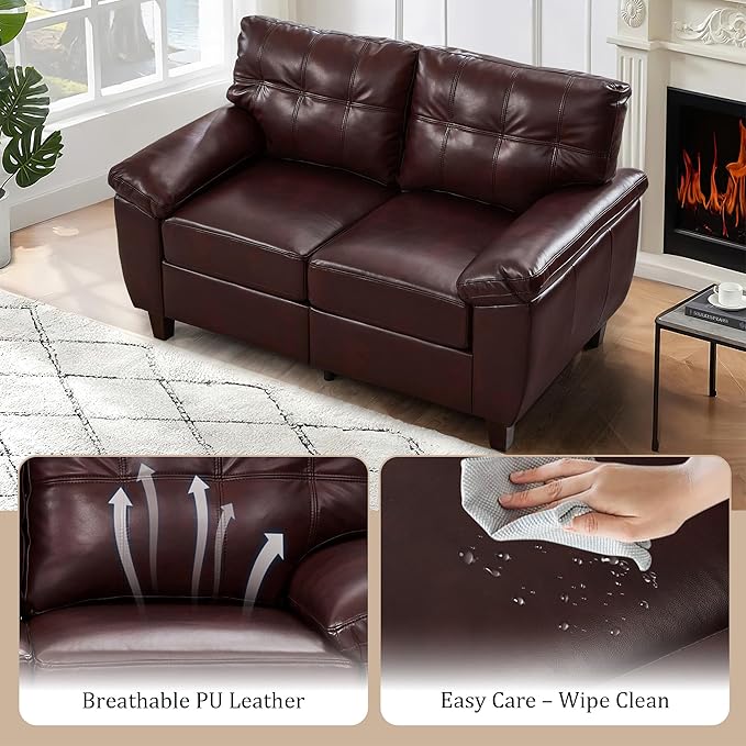 59 Faux Leather Loveseat with Storage Mid-Century Modern PU Sofa Couch with Tufted Seat &amp Back Deep Seat Small Sofa for Living Room Apartment Office Vintage Upholstered 2-Seater Couch Burgu