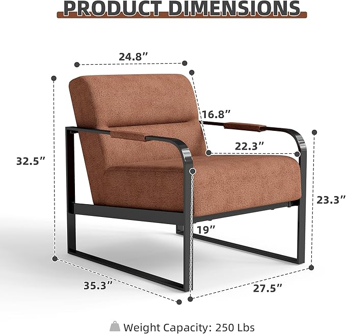 Mid-Century Modern Accent Chair Upholstered Lounge Armchair with Pocket Coil Cushion Metal Frame Reading Chair Brown