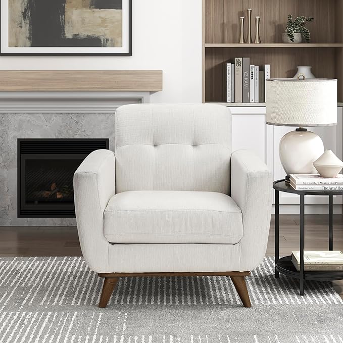 Lexicon Modern Accent Chair Textured Fabric Upholstered Armchair with Brown Wood Legs Track Arms Tufted Chair Back for Living Room/Office/Waiting Room Beige