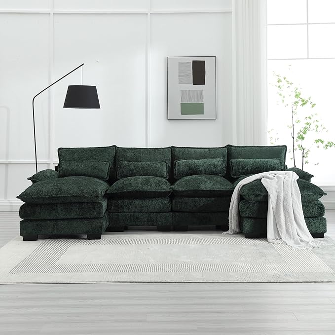 QQU 110.63 W U-Shape Modern Sectional Sofa Couch with Plastic Leg Upholstery Chenille Modular Sectional Sofa Bed with Memory Foam Large Sleeper Couch Chaise Lounges for Living Room(Emerald)