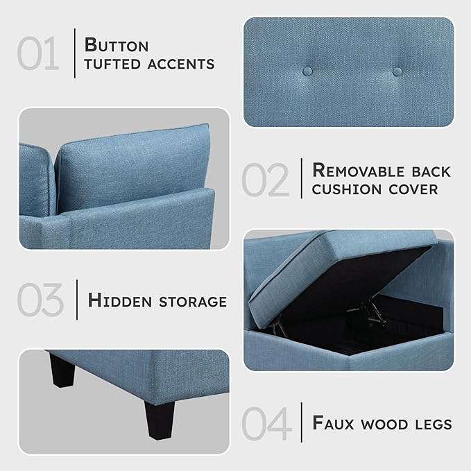 Lexicon Modern Modular Corner Chair with Hidden Storage Textured Fabric with Button-Tufted Design Reversible Back Cushion for Living Room/Bedroom/Office Blue