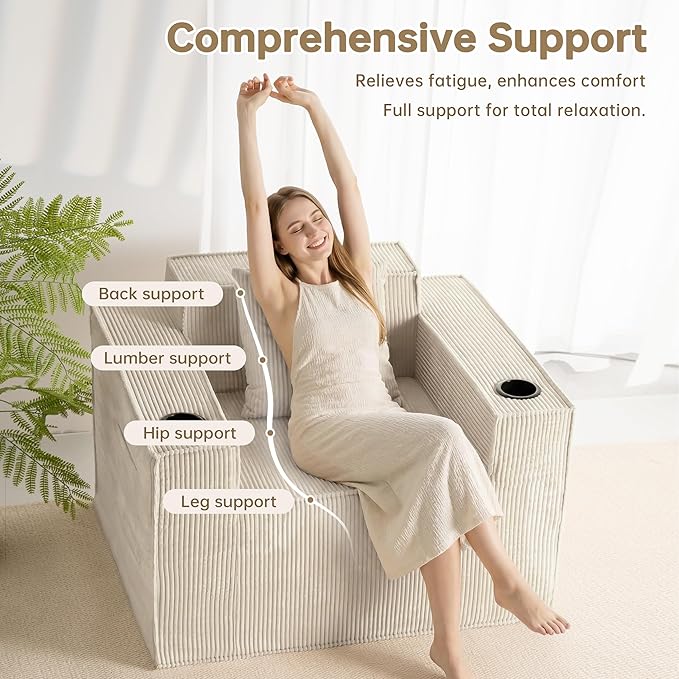 Cloud Single SofaChaise Lounge Chair with Cup Holder &amp Side PocketElevated Seat HeightNo Assembly RequiredBoneless Corduroy Chair for Small SpaceBedroomOffice (White Single Sofa)