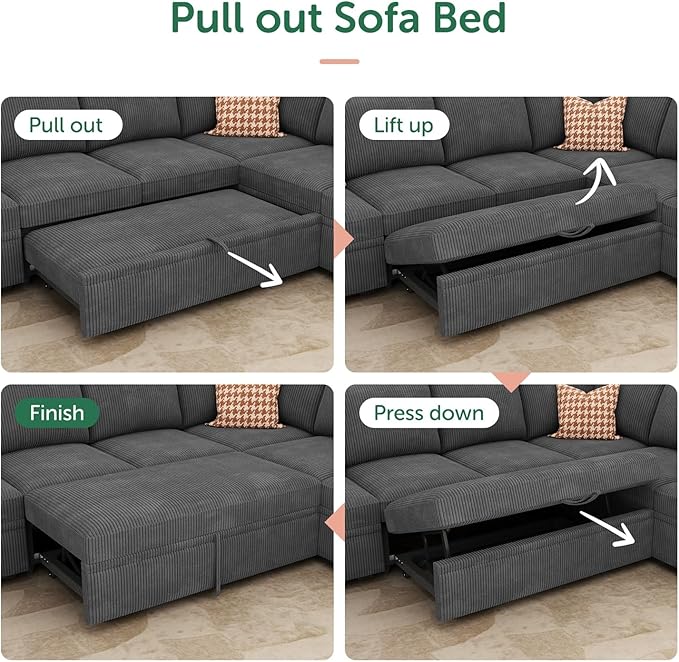 HONBAY Modular Sectional Sleeper Sofa Bed Corduroy Pull Out Couch with Storage Ottoman U Shaped Sectional Couches for Living Room Dark Grey
