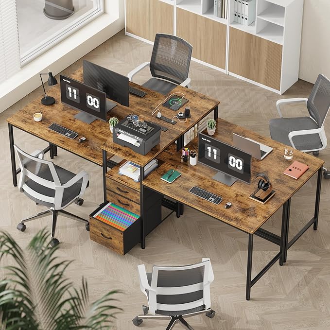 GYIIYUO 93'' 2 Person Desk with Charging Station Two Person Long Desk with 3 Fabric Drawers and Printer Shelf Double Computer Desk Writing Study Table Workstation for Home Office Rustic Brown