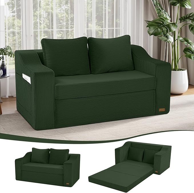 MeMoreCool Convertible Sofa Bed Pull Out Loveseat Sofa Sleeper Couch for Bedroom Living Room Lounge 2 in 1 Small Couch Bed with Pillow Foldable Love Seat Futon Corduroy Green