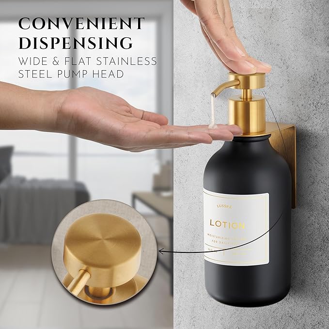 Shower Shampoo Dispenser Wall Mounted – 3 Refillable 16.9 oz Black Bottles with Stainless Steel Pumps &amp No-Drill Adhesive Holders – Soap Dispenser Set for Bathroom (3 X Black/Gold)