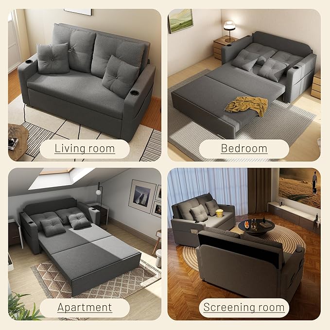 3 in 1 Sofa Bed 56 Inch Convertible Pull Out Couch Loveseat Sleeper Sofa with Cup Holders USB Sofa Couches for Living Room Bedroom Apartment Light Grey